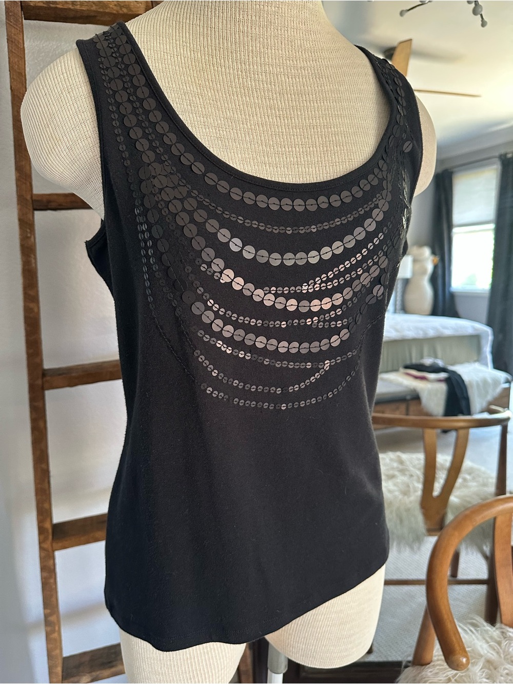 Ellen Tracy Black Tank Top with Sequined Necklace Detail, size medium